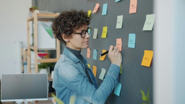 Woman at board planning proposal