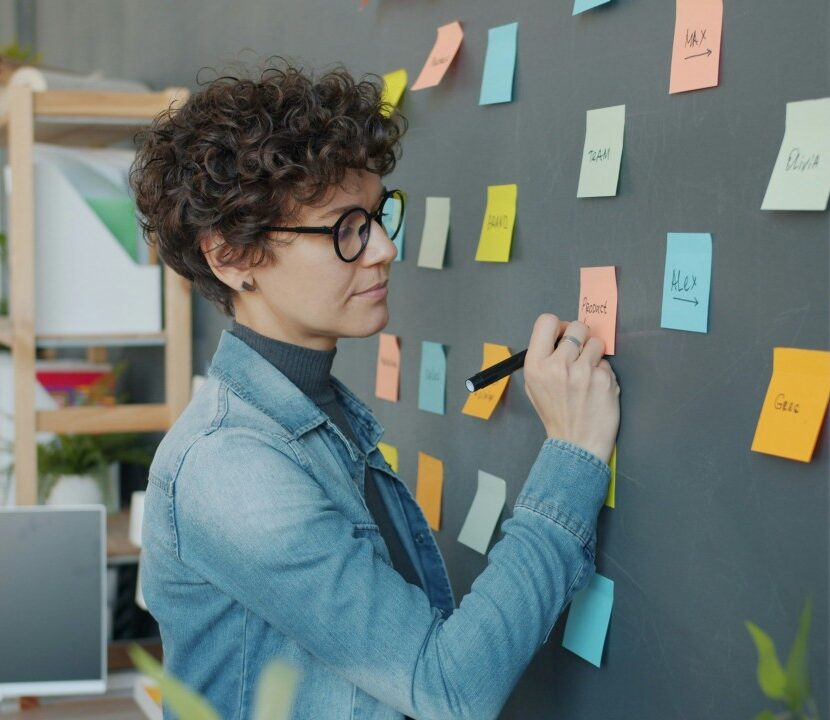 Woman at board planning proposal